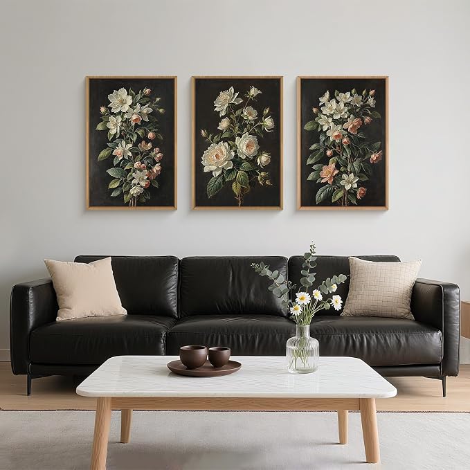 Large Dark Moody Flowers Framed Canvas Print Wall Art Set,Vintage Antique Black Botanical Wall Decor,Retro Modern Elegant Peony Floral Artwork for Living Room,Office,Bedroom-24 x36 x3