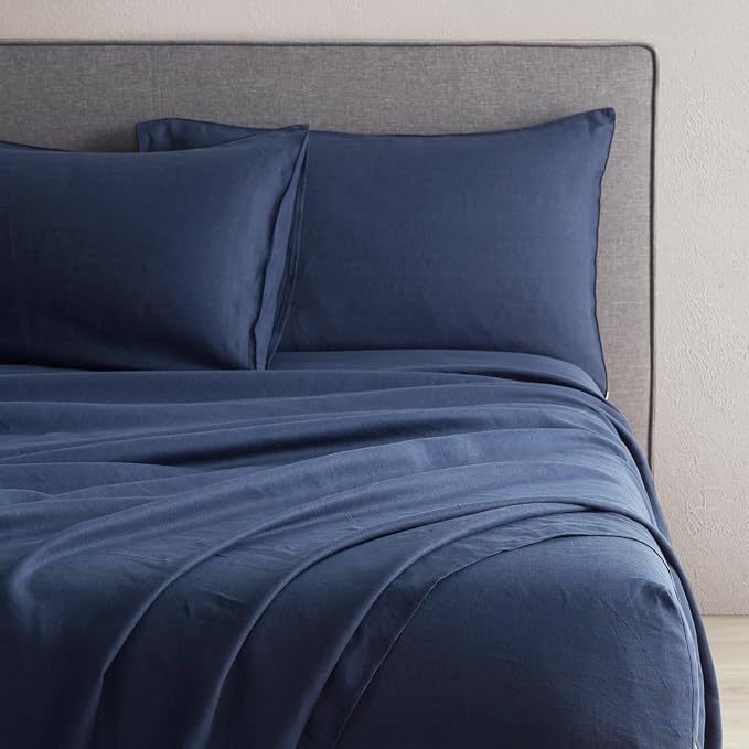 DAPU 100% Linen Pillowcases 20x30 Inches Pillow Cases (Pack of 2) with Envelope Closure, Stone Washed Breathable and Cooling (Navy Blue, Queen)
