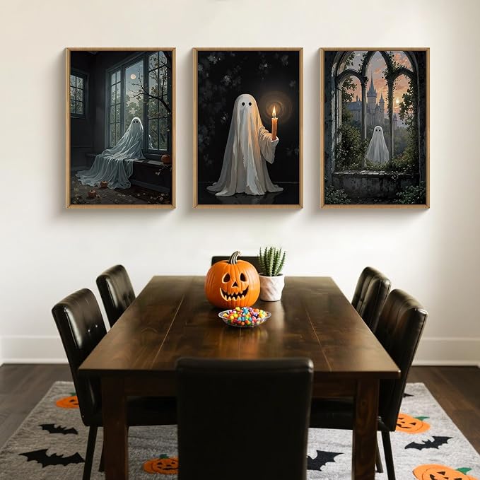 LHIUEM Large Halloween Cute Ghost Framed Canvas Wall Art Set,Vintage Spooky Wall Decor,Retro Dark Prints,Midnight Candle Poster Artwork for Living Room,Bathroom,Dining Room -24"x36"x3