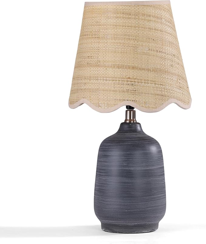 Pia Ricco 19" Modern Ceramic Table Lamp for Living Room Cream Base Desk Lamps for Bedroom Farmhouse Bedside Nightstand Lamp End Table Lamps,White Striped Black Base,Rattan Shade