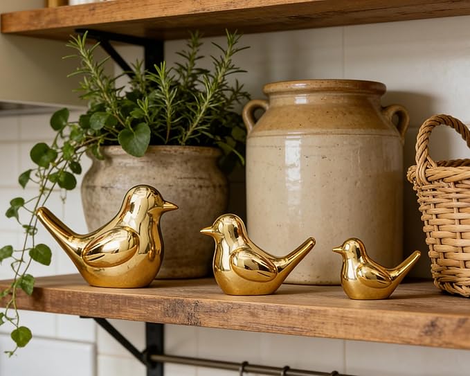 Small Gold Bird Statue Ceramic 2-Piece Set, 3¾ inch Cute Knick Knack for Home Office Shelf Desk Decor