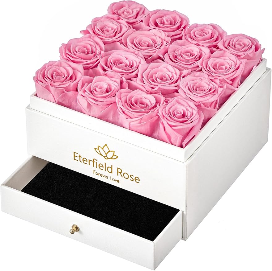 Eterfield Forever Flowers Preserved Roses Real Roses That Last Over a Year Rose Box Gifts for Her Mothers Day Valentines Day Christmas (Square White Box with Drawer, 16 Pink Roses)
