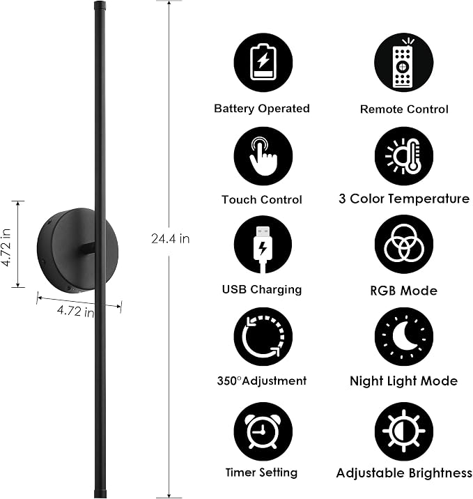 KARTOOSH Battery Operated Wall Sconces Set of Two, with Remote Control, Dimmable, Warm White/Natural White/Daylight/RGB, 350°Rotate, LED Black Wireless Wall Light for Living Room, Bedroom, 24.4 Inch