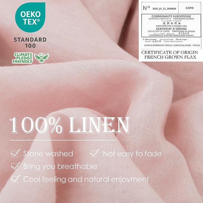 Simple&Opulence 100% Linen Duvet Cover Set 3pcs Basic Style Natural French Washed Flax Solid Color Soft Breathable Farmhouse Bedding with Button Closure - Blush Pink, King