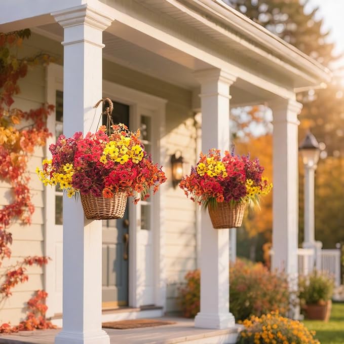 Grunyia 20 Bundles UV Resistant Artificial Fall Flowers for Outdoor - No Maintenance Thanksgiving Decor with Orange Blooms, Faux Silk & Plastic Plants for Porch, Yard (Fall Coffee Mix)