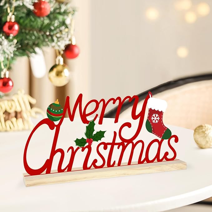 Metal Tabletop Decoration with Wood Base, Holiday Decorations for Home, Office, Shelf, Mantel, Indoor, Xmas Centerpiece Sign for Party Supplies