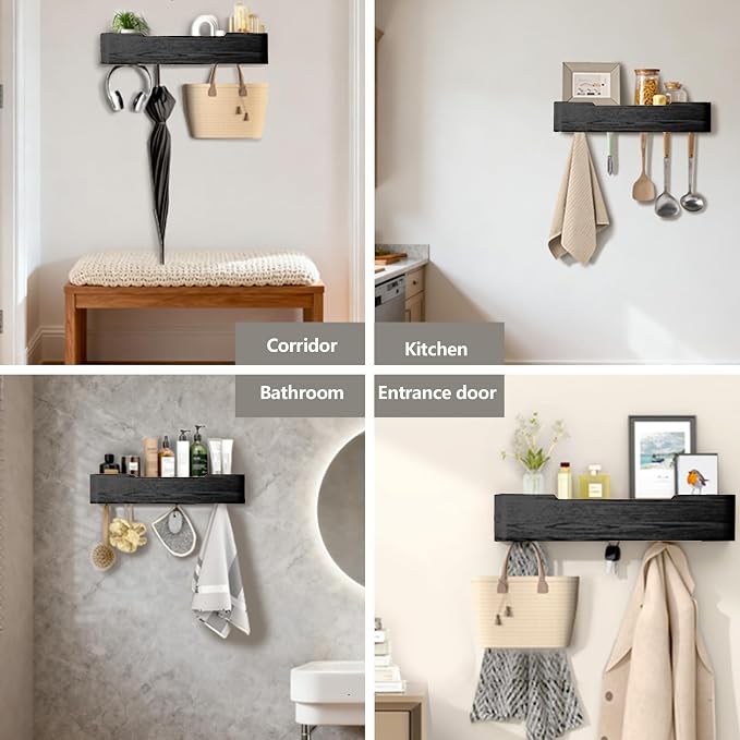 Wall Mounted Coat Rack with Shelf, Wooden Entryway Organizer with Hidden Metal Hooks for Hanging Coats Bags Keys, Modern Floating Shelf for Hallway Bathroom