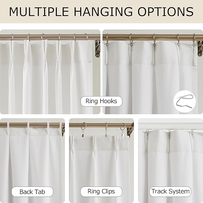 Vision Home White Pinch Pleated Light Filtering Curtains with Microfiber Liner 102 inch Privacy Drapes for Living Room Bedroom Back Tabs with Hooks 2 Panels 40" Wx102 L