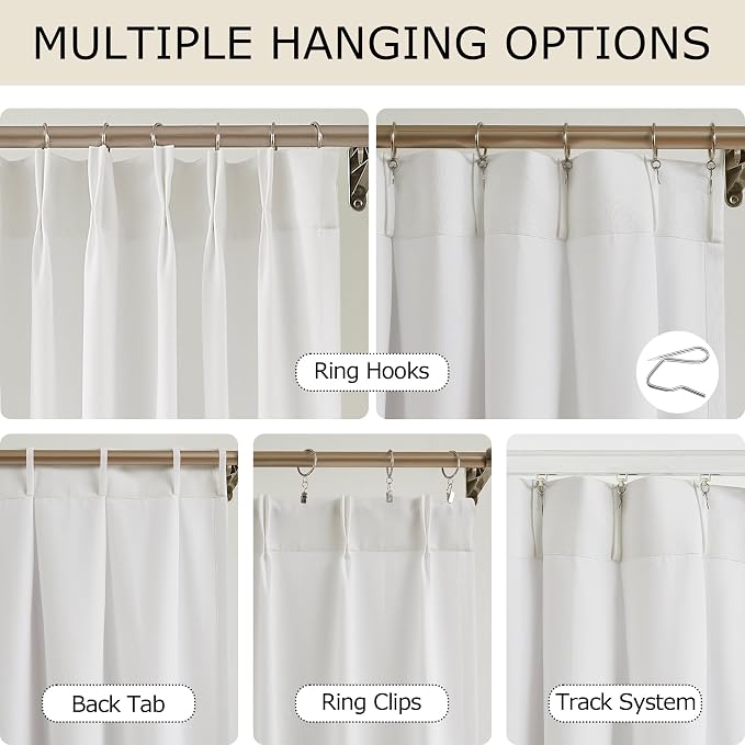 Vision Home White Pinch Pleated Light Filtering Curtain Panels with Microfiber Liner 95 inch Privacy Drapes for Living Room Bedroom Back Tabs with Hooks 2 Panels 40" Wx95 L
