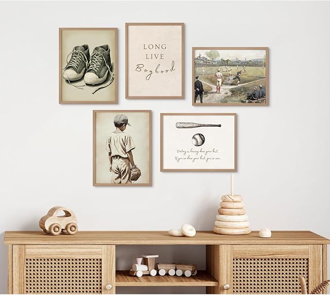 Baseball Nursery Wall Art Decor Vintage Boys Room Canvas Posters Sports Boy Pictures Baseball Vintage Nursery Painting Neutral Sport Kids Room Prints Wall Art for Bedroom 12x16x5 Inch Unframed ﻿