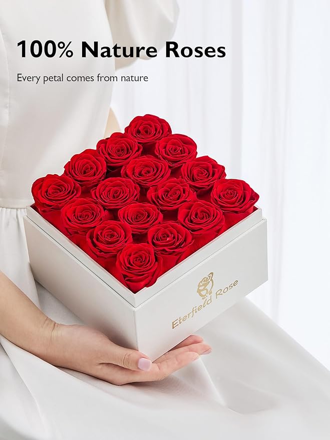 Eterfield Forever Flowers Preserved Roses Real Roses that Last Over a Year Rose Box Gifts for Her Mothers Day Valentines Day Christmas (Square White Box, 16 Red Roses)