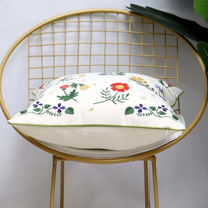 Set of 2 Embroidered Decorative Throw Pillow Covers Couch Square Pillowcases Cushion for Bedroom Sofa Farmhouse Decor 18x18 Inch (Flower-C)