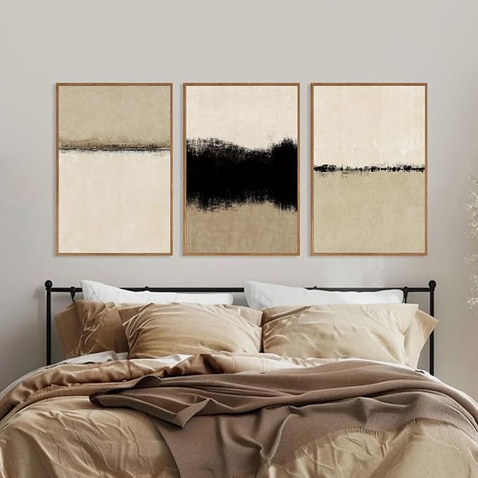 SIKERIC Large Abstract Textured Wall Art Set of 3, Minimalist Beige Framed Canvas Art Painting, Modern Textured Art Print, Neutral Paint Stroke Home Decor for Dining Room,Living Room, Office-16x24