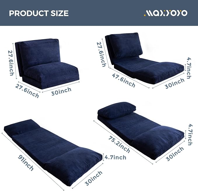 MAXYOYO Folding Sofa Bed, Floor Sofa Convertible Chair with Washable Cover, Floor Couch Lounge Bean Bag Chair Bed for Living Room, Navy, 30x91 Inch
