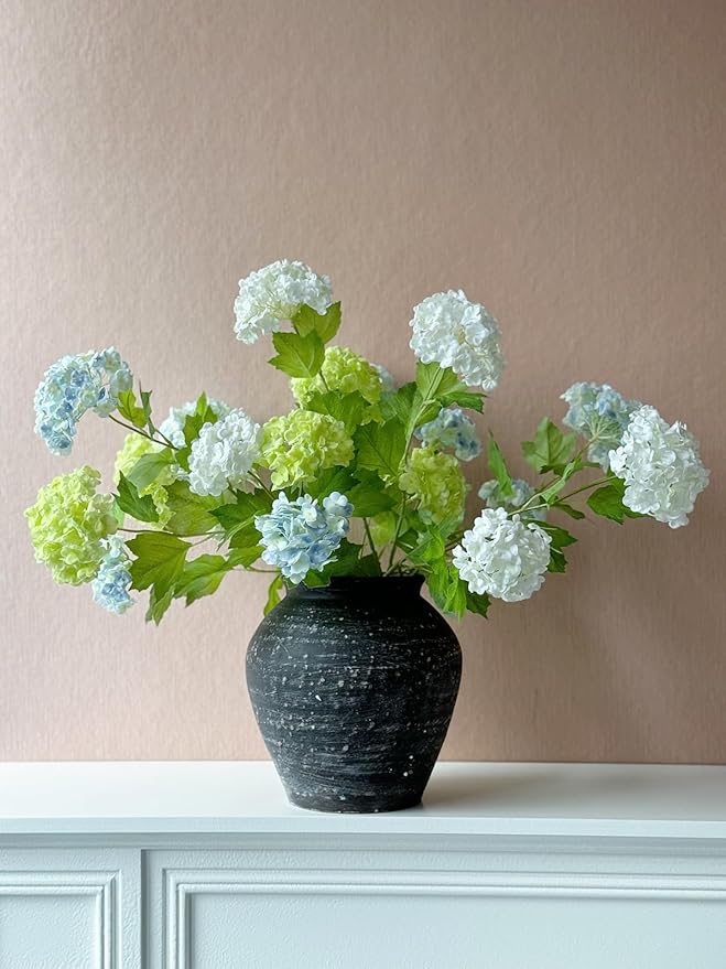 YalzoneMet Artificial Snowball Viburnum 4 Pcs 26.8 in Graduated Blue Small Hydrangea 2 Head Natural Lifelike Real Touch Faux Latex Long Stem Vibernum Flower for Home Decoration Outdoor Wedding Deco