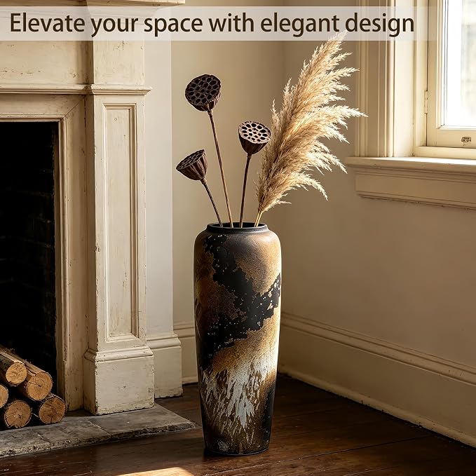 Black Rustic Ceramic Tall Floor Vase, 19.7 Inch Vintage Large Farmhouse Vase Pottery Clay Terracotta Rustic Vases for Home Decor Living Room Entryway Table Centerpieces,Kitchen,Housewarming Gifts
