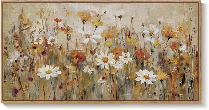 Large Framed Vintage Floral Wall Art for Living Room, Neutral Retro Flower Canvas Painting Prints, Rustic Cottage Core Botanical Picture for Farmhouse Bedroom Dining Room Office Wall Decor, 30x60 Inch