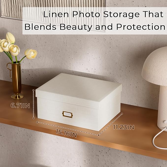 Decorative Photo Storage Box - Linen Photo Box Organizer with Dividers, Fits Holds Up to 1700 Pictures and 5x7 Photos, Memory Keepsake Organizer for Photos, Scrapbook Supplies, Cards, Stamps (Beige)