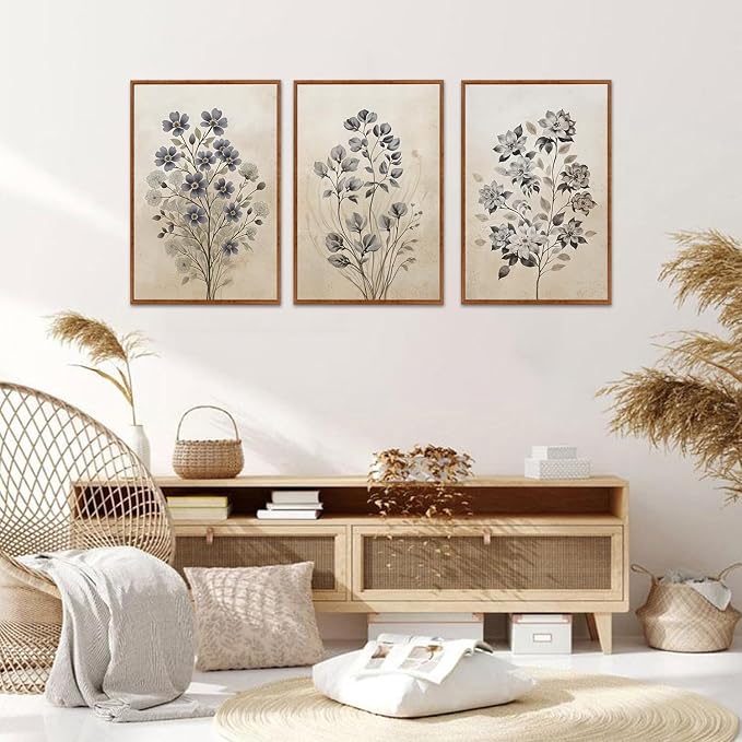 LHIUEM Vintage Flower Framed Canvas Wall Art,Boho Botanical Wall Decor,Rustic Beige Floral Painting,Nature Wildflower Artwork for Living Room,Bedroom,Dining Room,Farmhouse -24"x36"x3