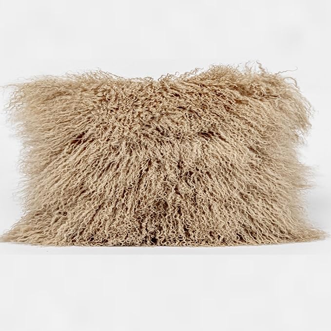 Mongolian Lamb Fur Throw Pillow Cover (12'' x 20'', Khaki) Sheep Fur Decorative Cushion Cover Case Home Decorative Square Throw Pillow Cover Plain Wool Pillow Protector