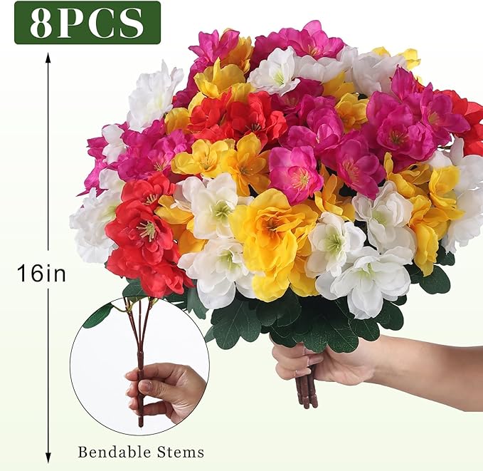 8 Bundles Artificial Flowers for Front Door, Fake Silk Azalea Bouquet Silk Flowers for Outside UV Resistant Realistic Faux Plants for Planter Farmhouse Patio Garden Walkways Home Decor (Mixed Color)