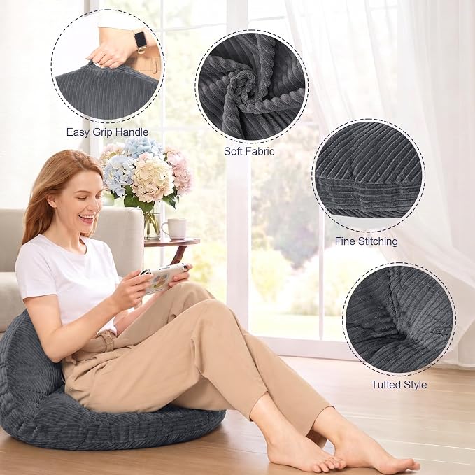 Meditation Cushion, 32 Inch Large Round Floor Pillow, Dark Grey | Soft Tufted Corduroy Meditation Pillow for Adults with Handle for Yoga, Cozy Meditation Mat for Reading and Tatami Seating