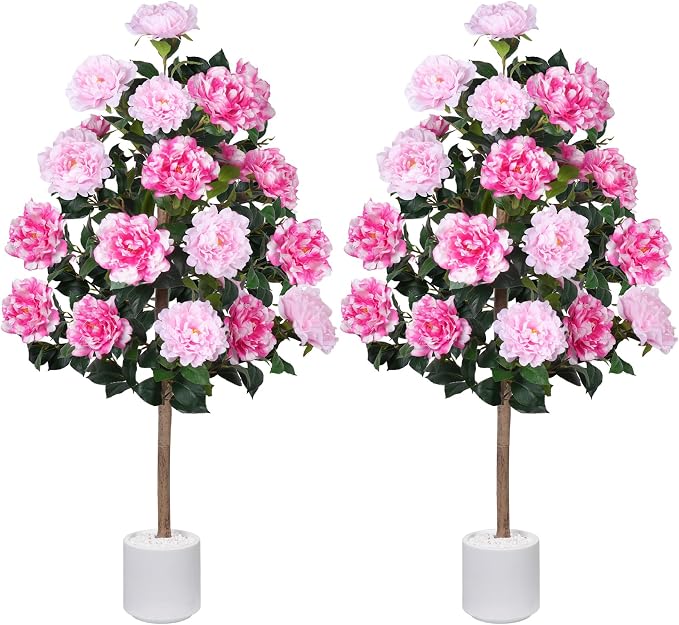 2 Pack 4FT Artificial Peony Tree, Fake Pink Trees for Outdoors Decor | 21 Blooming Peonies Flowers, Artificial Flowering Trees, For Front Door Porch Patio Living Room Office Indoor Outdoor Decor