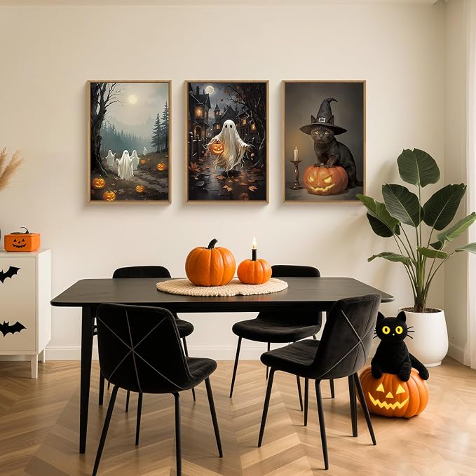 Spooky Halloween Ghost Lighted Pumpkin Framed Canvas Wall Art Set,Gothic Inspired Cute Black Cat Witch Hat Wall Decor,Vintage Foggy Forest Castle Artwork for Living Room, Bedroom-24 x36 x3