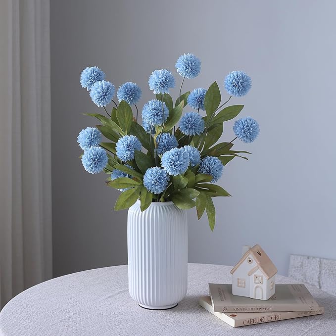 VIERENA 6 Pcs Faux Silk Pompon Mum Artificial Flowers for Vase -27", Bulk Fake Chrysanth Branches with Stems for DIY Bouquet Centerpieces Wedding Fillers Arrangements Shower Decorations (Dusty Blue)