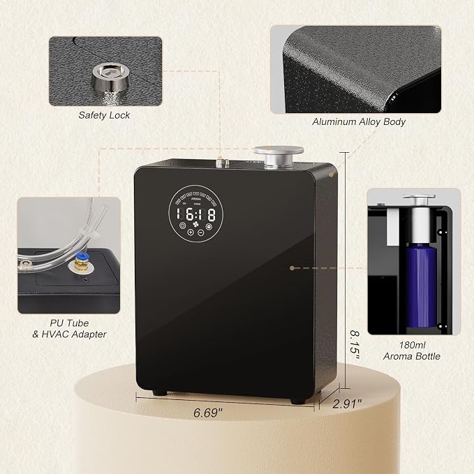 Smart Waterless HVAC Diffuser, 3000 sq. ft., Black | Touch & Bluetooth control, metal body, dual HVAC/portable design for home & commercial large spaces