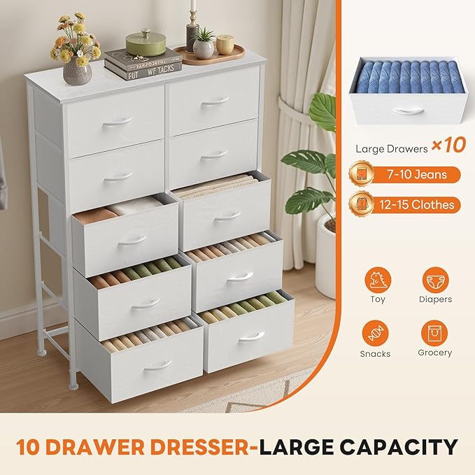 Sweetcrispy White Dresser for Bedroom, 10 Drawer Tall Dresser, Fabric Storage Tower with Bins, Chest Organizer Unit for Bedroom Closet, Hallway, Steel Frame Wood Top, Easy Pull Handle