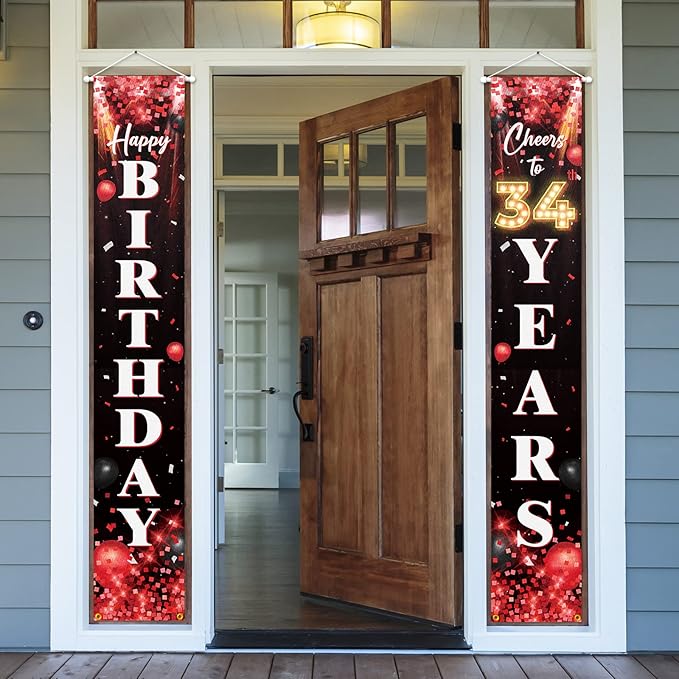 Happy 34th Birthday Porch Sign Door Banner Decor Red and Black – Glitter Cheers to 34 Years Old Birthday Party Theme Decorations for Men Women Supplies
