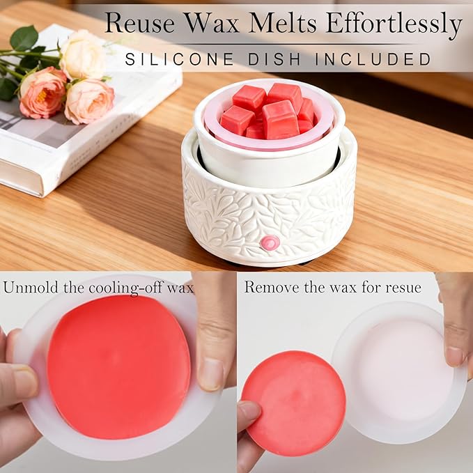 Electric Wax Melt Warmer with Timer & Silicone Liner, 3-in-1 Ceramic Scented Wax Burner for Home Aromatherapy, Fast Melting Fragrance Warmer for Essential Oils & Wax Cups, Flame for Women