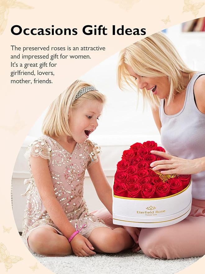 Eterfield 27 Forever Flowers in Heart Shape Box, Preserved Roses that Last a Year Preserved Flowers Birthday Gifts for Her Mom Women Wife Anniversary Valentines Day Mothers Day Christmas, Red