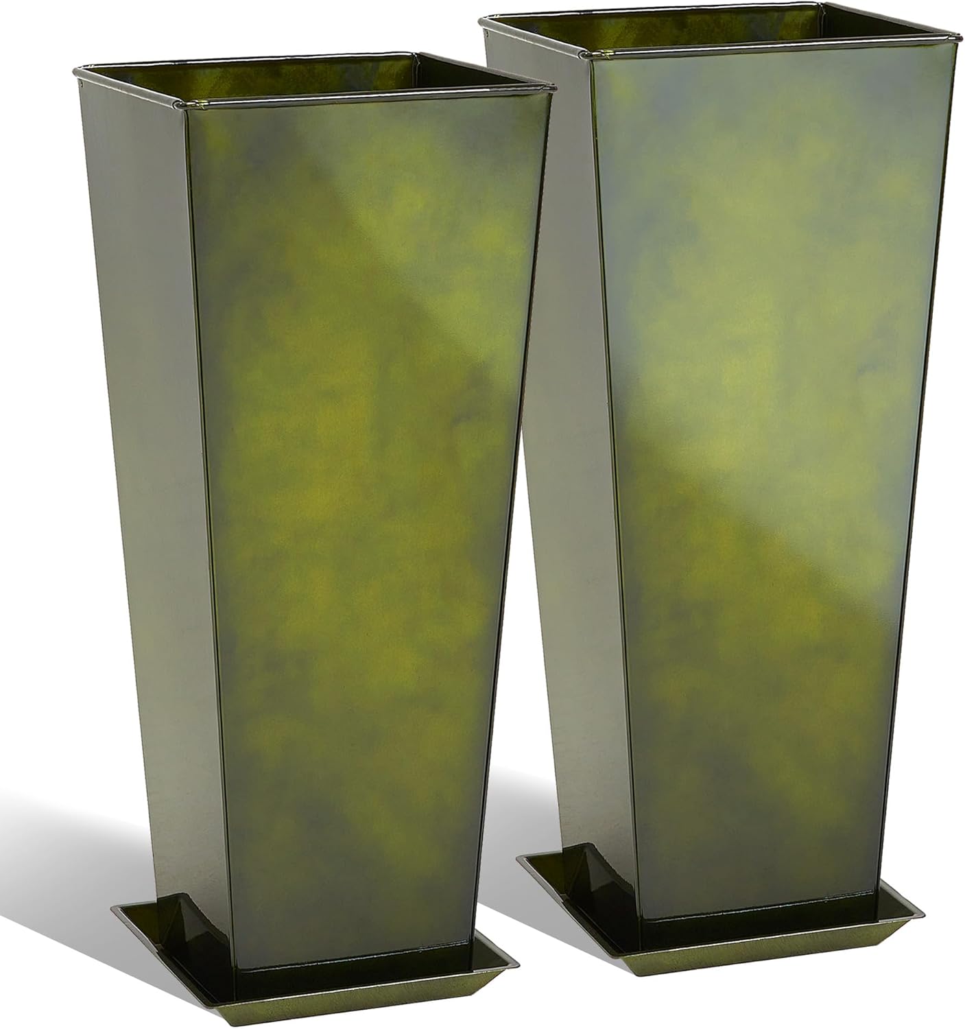 KOL 28''H. Tall Metal Planter with Saucer, Galvanized Steel Glazed Planter Pots with Drainage Hole for Indoor & Outdoor Use, Set of 2, Decorative Flower Plant Pots for Front Porch, Patio, Deck - Green