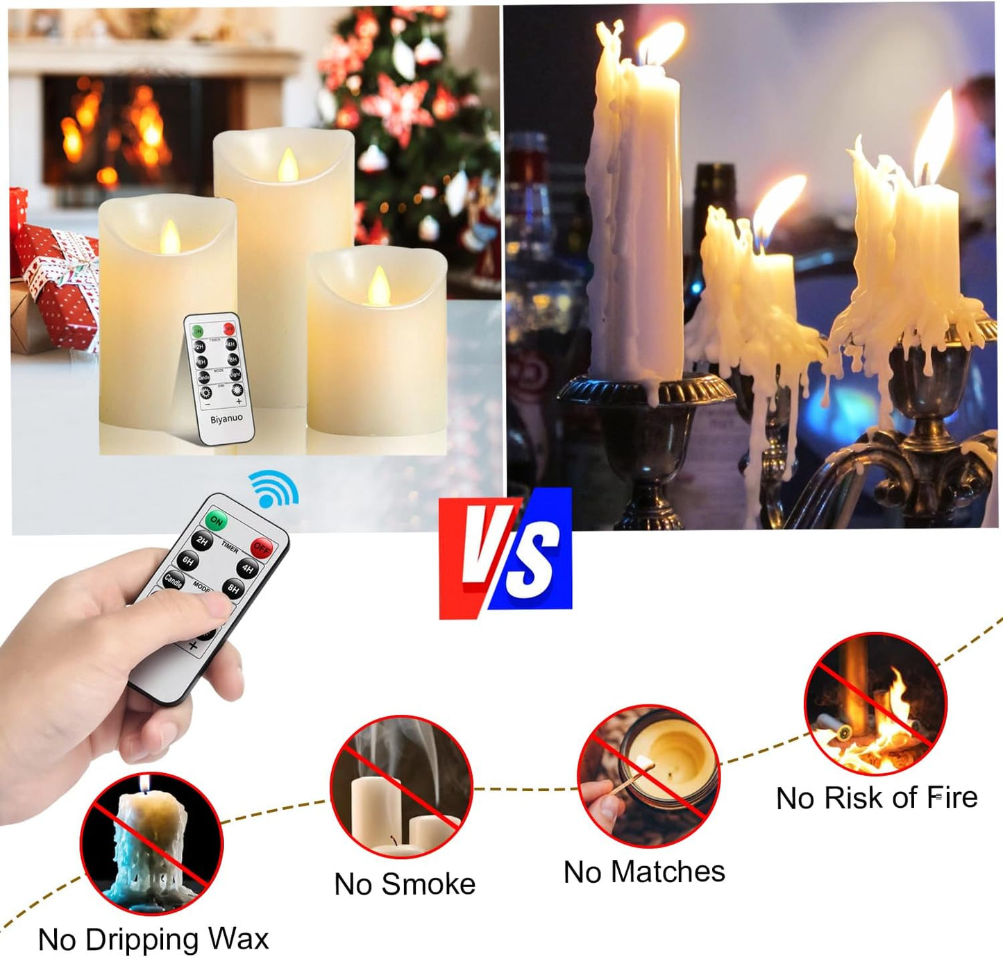 Flameless Battery Operated LED Candles with10key Button Remote Control 24-Hour Timer Set of 3 Electric Flickering Pillar Real Wax，Wedding, Party, Christmas and Home Decoration