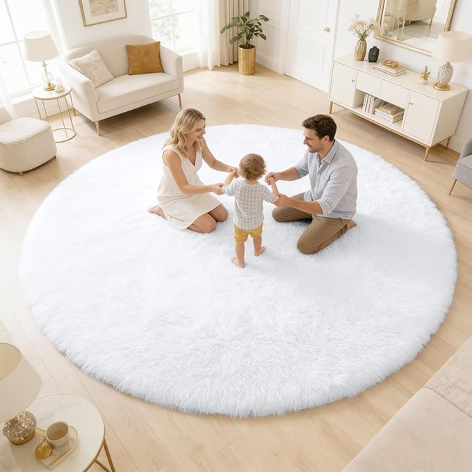 OLANLY White Round Rugs for Bedroom - Machine Washable, 9 ft Circle Area Rugs for Living Room, Soft and Fluffy Shaggy Carpet for Teen Girls and Boys, Nursery Rooms, Dorms, Home Decor Aesthetic