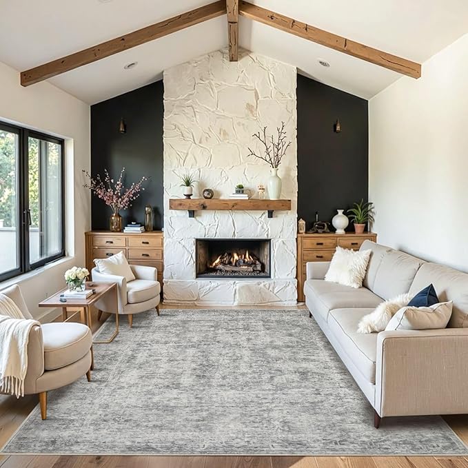 Rugxara 8x10 Area Rugs for Living Room, Large Washable Rug, Grey Vintage Abstract Boho Rug, Non Slip & Low Pile Faux Wool Carpet for Indoor Dining Room, Farmhouse and Bedroom(Grey 8x10ft)