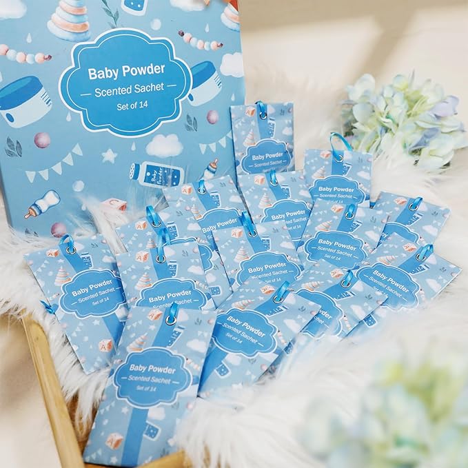 SCENTORINI Scented Sachets for Drawers and Closets, Baby Powder Scent 14 Pack, Long-Lasting Sachets Bags Wardrobe Freshener for Luggage, Handbags, Suitcases, Small Space