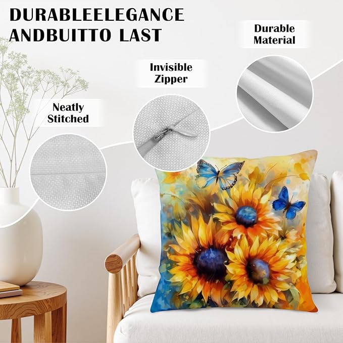 Oil Painting Sunflower Pillow Covers Sun Flower with Butterfly Throw Pillow Covers 20x20 Set of 2 Vintage Pillowcase Double Sided Printing Cushion Case for Home Decor Outdoor Sofa