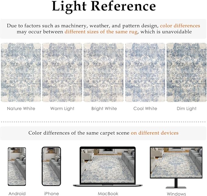 10x14 Neutral Area Rug Blue Vintage Living Room Bedroom Washable Carpet Non-Slip Soft Low Pile Farmhouse Indoor Large Throw Rug for Dining Room Office
