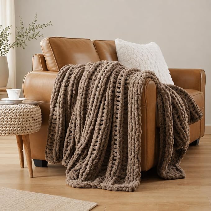 Battilo Chunky Knit Throw Blanket for Couch, 50"x60",Taupe | Hand Knit with Chunky Chenille Yarn, Chenille Blanket, Cozy Warm Thick Soft knitted Blanket for Bed, Sofa, Living Room