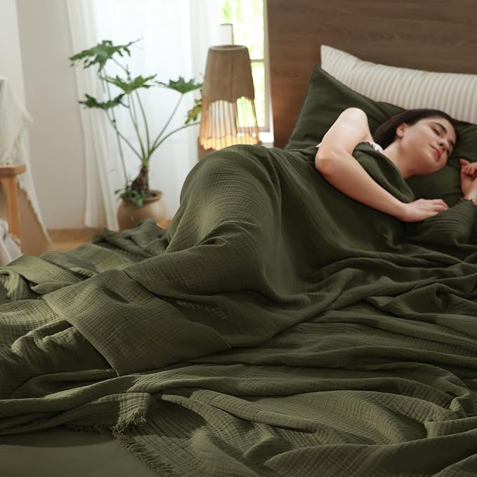 MooMee Muslin Blanket - 100% Cotton 4-Layer Gauze Throw Blanket with All-Around Fringe, Soft Breathable Lightweight Cooling Summer Blankets for Bed Couch (Olive Green,Twin XL 66" x 90")