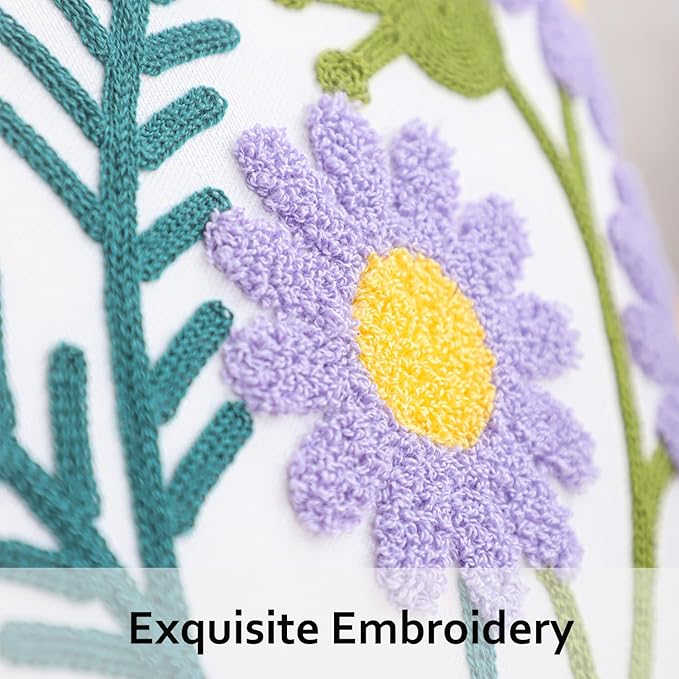 Spring Floral Pillow Covers 18x18 Inch Set of 2 Cotton Embroidery Farmhouse Throw Pillow Cover Outdoor Garden Cushion Case Summer Decorations for Home (Purple and White Flower,18"x18")
