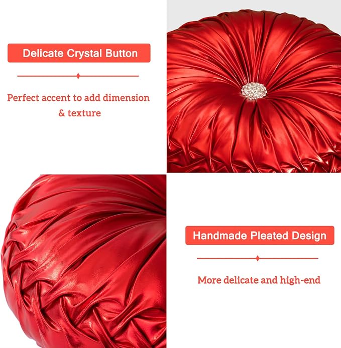 HIG Set of 2 Handcrafted Red Ruched Round Throw Pillows – 14.5’’ Metallic Leather Decorative Pillows with Soft Polyester Filling for Couch, Bed, Living Room, Bedroom, or Dorm