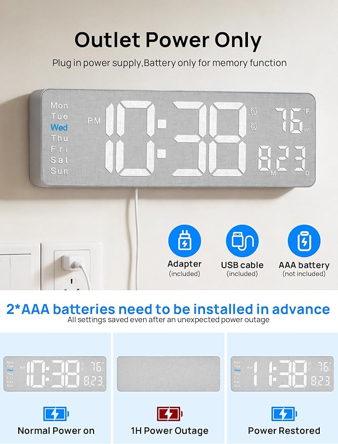 MASHI 2026 Upgrade Digital Wall Clock, 16" Large Display Digital Clock with Remote Control, Auto-Dimming Wall Clock with Night Light, DST, Date Week,Temp for Living Room, Gift for Elderly (Grey)