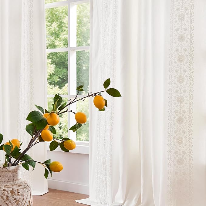 jinchan Weslie White Linen Curtains for Bedroom Vintage Floral Farmhouse Curtains 63 Inch Length Linen Boho Drapes for Living Room Embroidered Drapes Off White 2 Panels