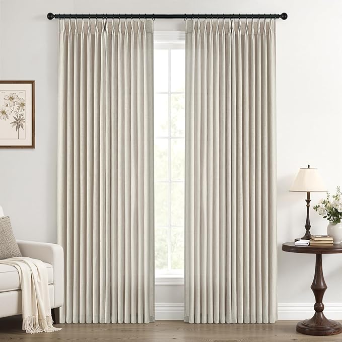 Pleated Linen Curtains 90 Inches Long for Living Room 2 Panels Rustic Farmhouse Thick Linen Textured Pinch Pleat Hooks Rings Back Tab Floor to Ceiling Semi Sheer Drapes Bedroom 90 Inch Oatmeal Khaki