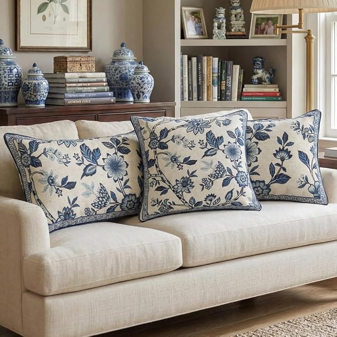 bilin gaier Designer Vintage Linen Throw Pillow Cover,28"x12"-Suqing A | Elegant Rectangular Pillow Cover,Concealed Zipper,Blue Floral Pattern,Sofas,Bedroom,Living Room,Lounge Chairs