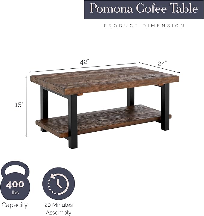 Alaterre Furniture Pomona Rustic Coffee Table with Storage Shelf - 42-Inch Industrial Modern Metal and Solid Wood Living Room Table - Easy Assembly Farmhouse Living Room Furniture (Rustic Natural) | Rectangular Center Table with Storage Shelf and Metal...
